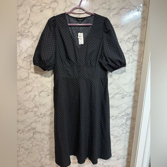 NEW Banana Republic Size 14 Black Dress White Polka Dots Puff Sleeve V-Neck - Picture 2 of 9